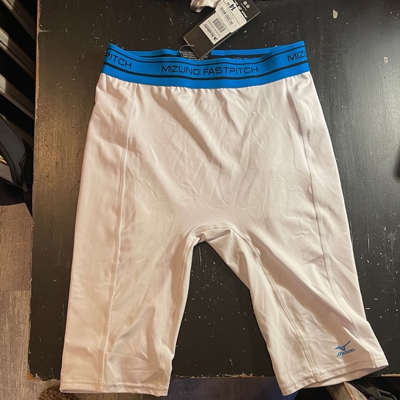 Mizuno White and Blue Fastpitch Compression Shorts - Picture 1 of 3